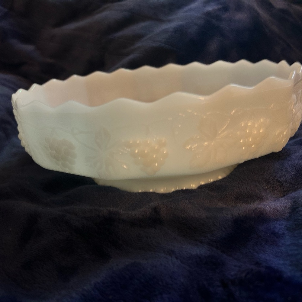 Vintage Anchor Hocking Milk Glass Pedestal Grape and Leaf Pattern Bowl